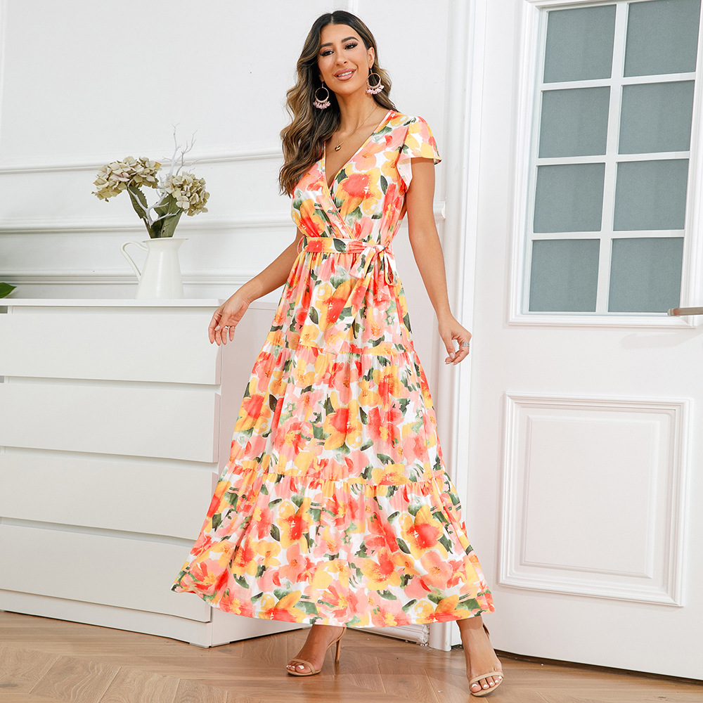 Women's A-line Skirt Elegant V Neck Printing Short Sleeve Flower Maxi Long Dress Holiday display picture 2