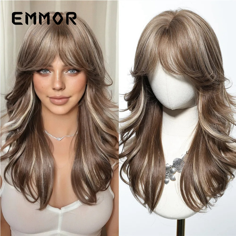 [Mei Gao] Ocho caracteres flequillo americano retro negro marrón y rizado peluca de estilo asiático con cabello largo y rizado