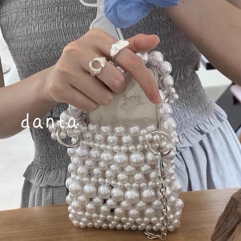 Korean Pearl Women's Bag, Metallic Silver, Hand-Woven Beaded Pearl Bag, Lipstick, Coin, Key Crossbody Small Bag