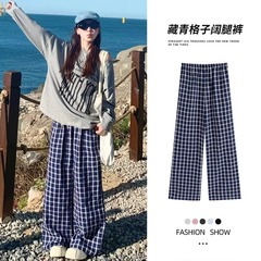 ネイビーブルーチェック柄パンツ女性の夏 2025 新しいハイウエスト怠惰な山本パンツルーズストレートウォーキングカジュアルワイドレッグパンツ