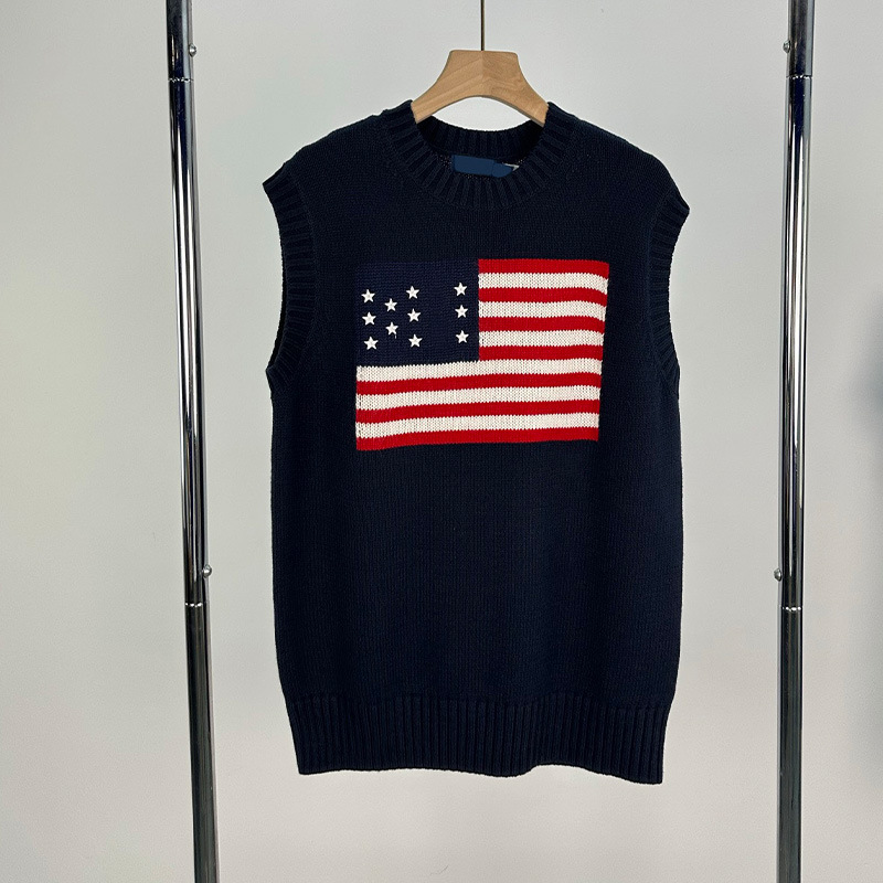 25秋冬女装棉质圆领星条旗刺绣无袖套头针织毛衫上衣