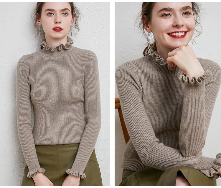 Áo len nữ cổ lá sen dáng ôm tay dài màu trơn phong cách công sở — Màu Camel Be, Màu camel, Màu caramel, Màu trắng chi tiết 12