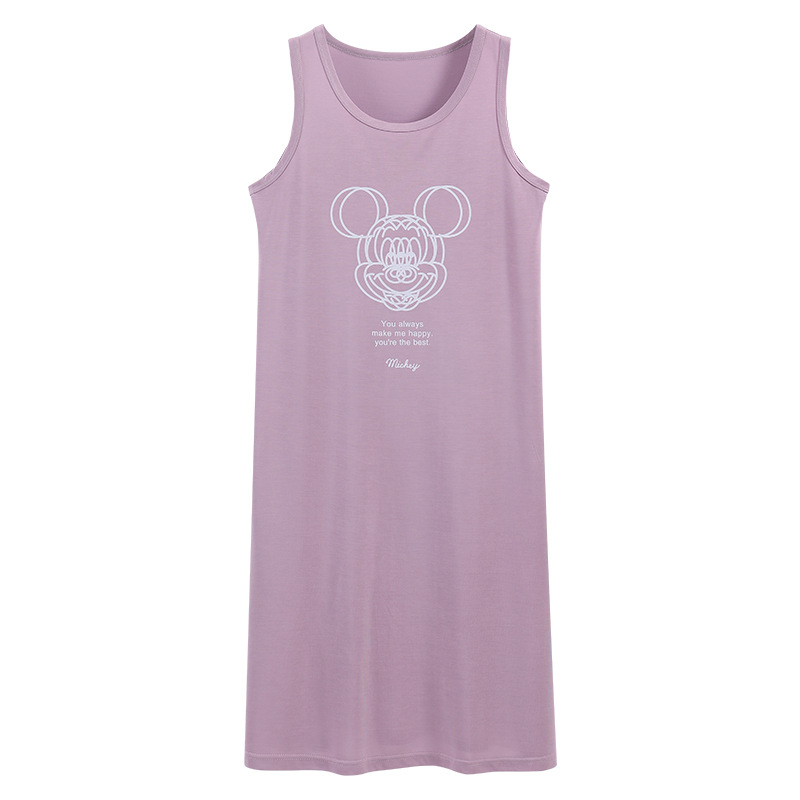 Camisón de verano de las mujeres modal al aire libre Correa chaleco vestido con almohadilla en el pecho pijamas de dibujos animados más tamaño medio-longitud homewear