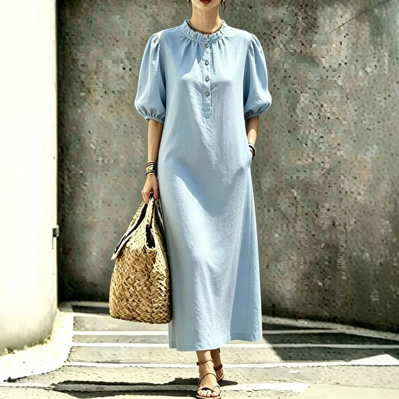2026 European and American Style Summer Stand-Collar Puff Sleeve Commuter Dress with a High-End Feel and Straight Cut for Women 2026 European and American Style Summer Stand-Collar Puff Sleeve Commuter Dress with a High-End Feel and Straight Cut for Women