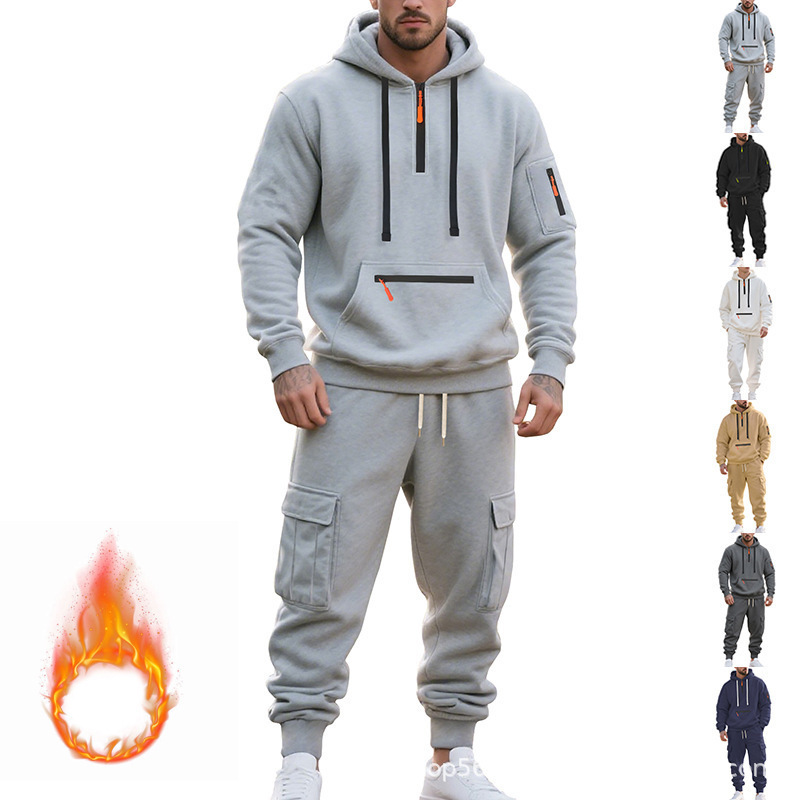 American Trendy Sports Casual Men's Clothing 2025 Autumn and Winter Solid Color Heavy Fleece Loose Multi-Pocket Workwear Set American Trendy Sports Casual Men's Clothing 2025 Autumn and Winter Solid Color Heavy Fleece Loose Multi-Pocket Workwear Set
