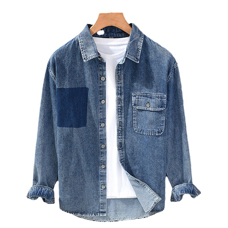Nova moška denim srajca z bombažnim ovratnikom, ohlapna, enobarvna moška jakna z enim žepom_voghion.com
