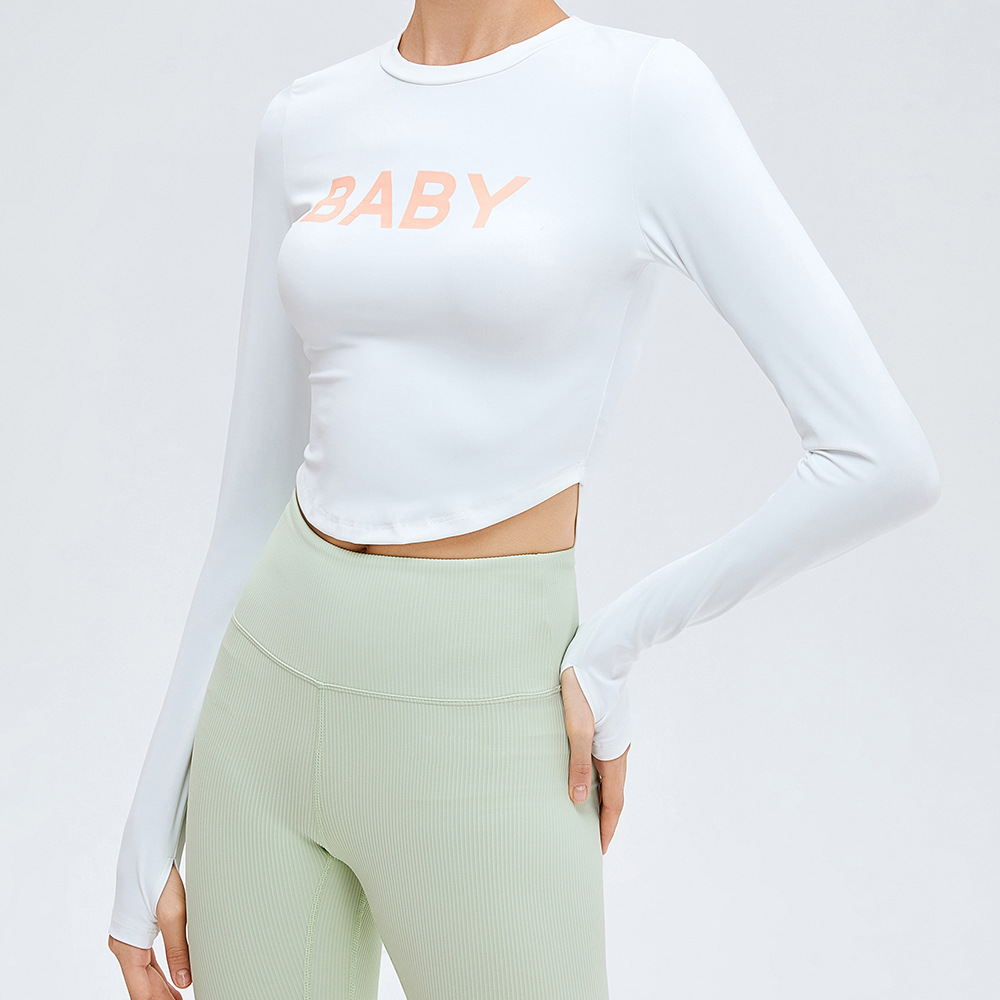 Europa y América nueva SLIM-Fit ropa de yoga ropa exterior de mujer letra impresa ropa de fitness desnudo de manga larga deportes top