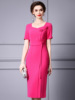 Rose Red Triacetic Acid Dress Summer 3D Flower Chicken Heart Neck Short Sleeve Wrap Hip Skirt