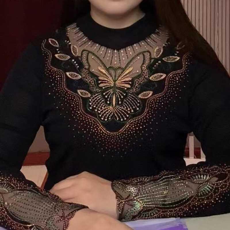 Fashion Middle-aged Mother's Autumn and Winter New Lace Stitching Mock Collar Stretch Mesh fleece-lined Thickened Base Shirt for Women