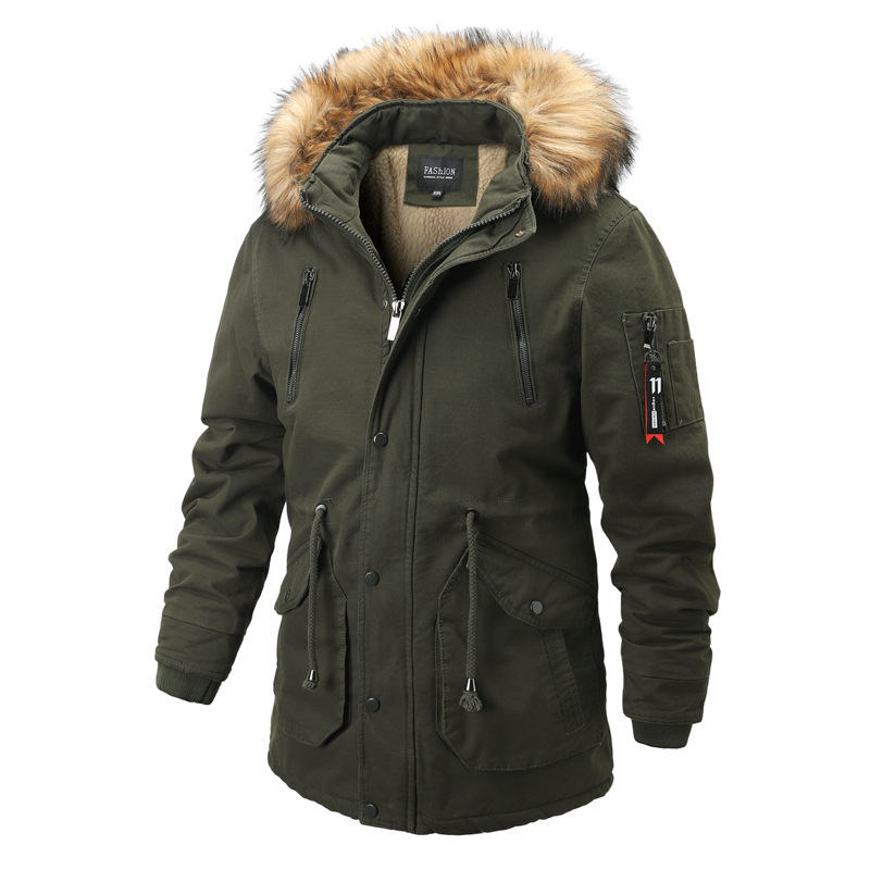 Algodão com pelúcia masculina de comprimento médio, casaco de algodão com vários bolsos de inverno engrossado, casaco de gola de lã para aquecimento_voghion.com