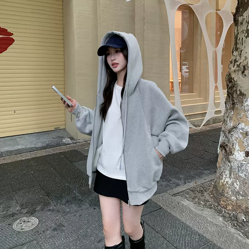 鸿衫2.0版高端连帽卫衣女春秋新款加绒卫衣开衫灰色休闲情侣外套