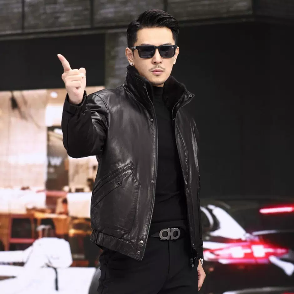 真皮皮衣男士头层油蜡小牛皮水貂立翻领羽绒脱卸夹克外套冬季海宁