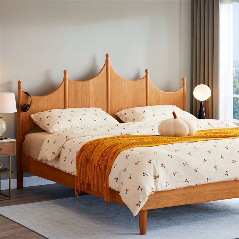 Solid Wood Double Bed Cherry Wood Nordic Children's Bed Crown Bed Japanese Retro Natural Wood Bedroom 1.68m Large Bed Solid Wood Double Bed Cherry Wood Nordic Children's Bed Crown Bed Japanese Retro Natural Wood Bedroom 1.68m Large Bed