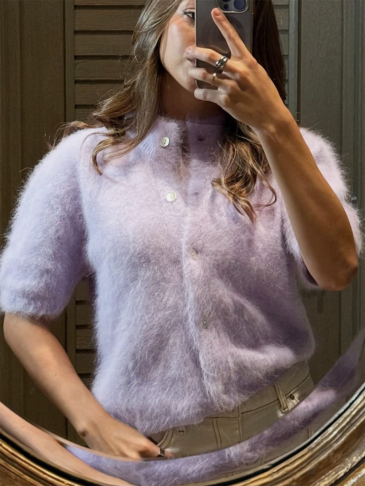 Áo cardigan dệt kim tay ngắn cổ bán cao ôm dáng phong cách retro — Màu hồng, Màu hồng cánh sen, Màu trắng, Màu tím chi tiết 26