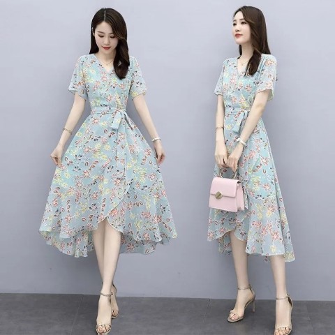 2025 Summer Floral Print Dress for Summer and Autumn, French Ice Silk Medium-Length Slimming and Elegant Waist-Closing Dress