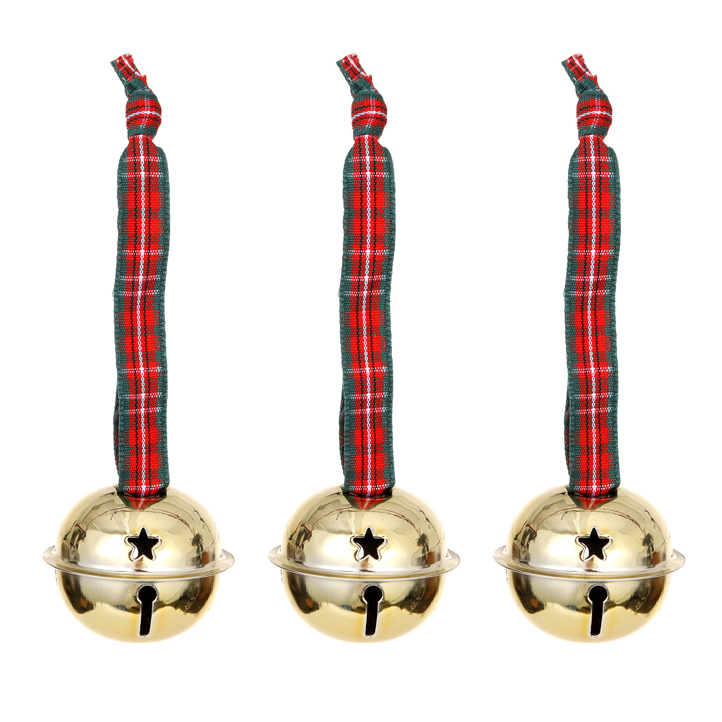 Metal bell Christmas tree ornament with red and green checkered ribbon, golden bell holiday decoration, Christmas bell