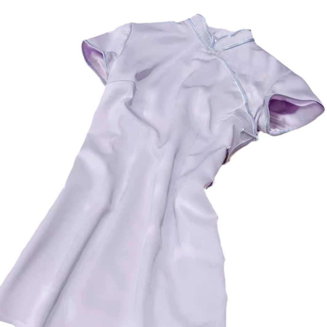 Đầm maxi nữ thắt eo phong cách Trung Hoa cải tiến, cổ khóa chéo, tay ngắn, họa tiết hoa tím khoai môn — Màu tím