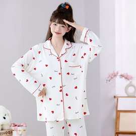 跨境外贸批发爆款新款睡衣女士春秋季开衫长袖翻领印花家居服套装