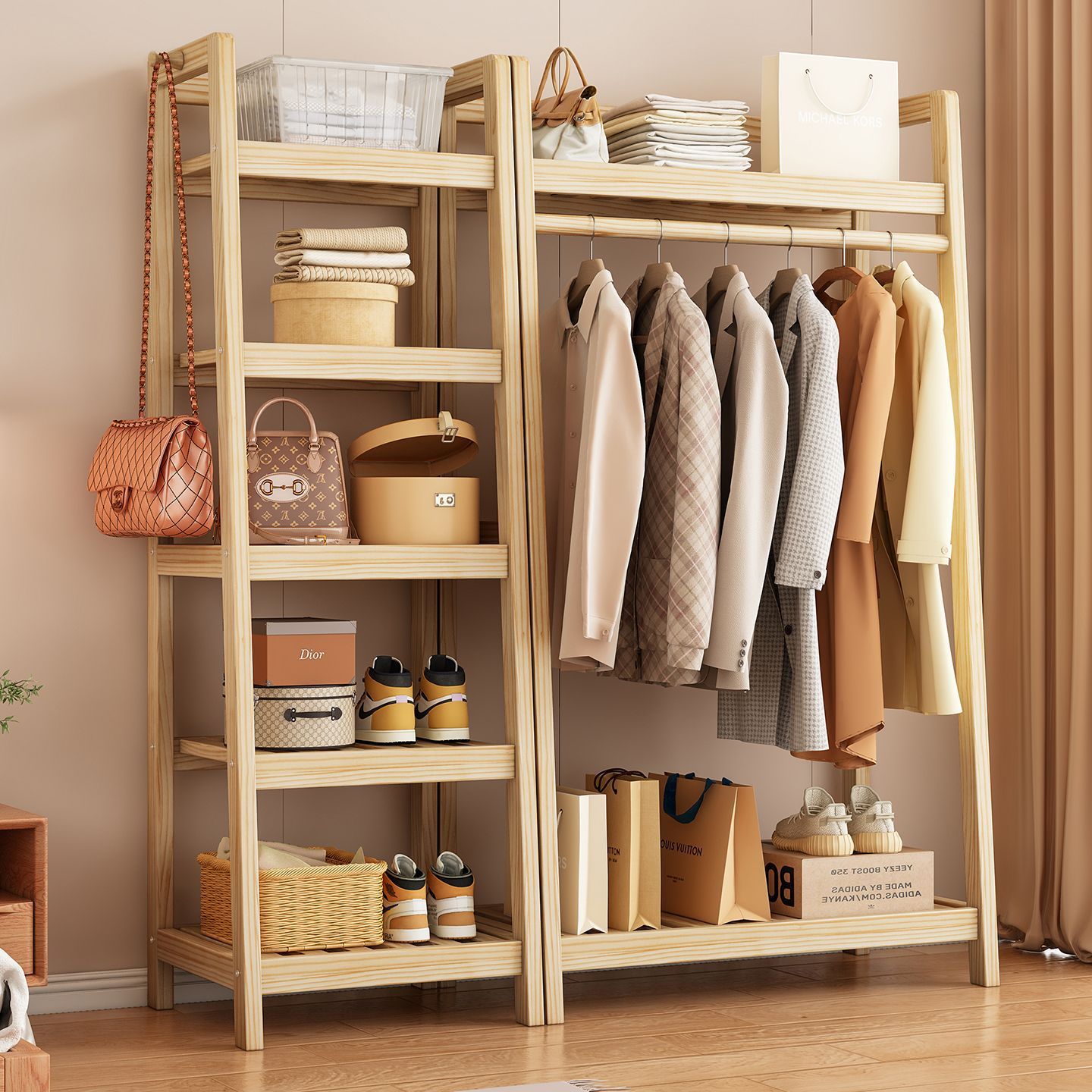 Solid Wood Floor-Standing Clothes Rack Coat Rack Bedroom Ladder Storage Rack Household Space-Saving Simple Small Clothes Rack