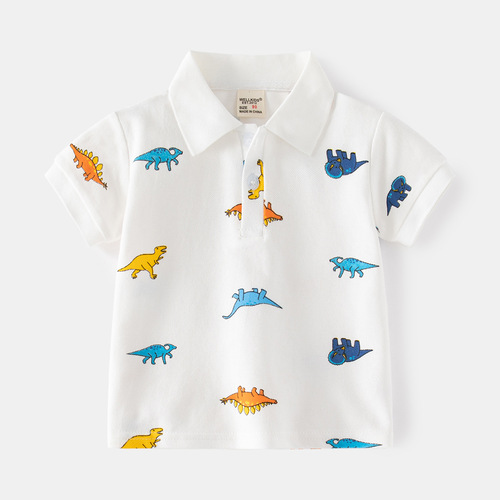 Summer New Cartoon Dinosaur Print Boys POLO Shirt Navy Casual Lapel Pique Cotton Children's Short Sleeve