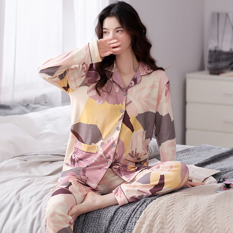 Más tamaño % Pijama de algodón traje de invierno de manga larga de primavera y otoño de las mujeres de mediana edad homewear se puede usar fuera
