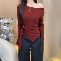 2025秋季新款时尚绑带洋气长袖T恤女装收腰显瘦不规则打底衫上衣