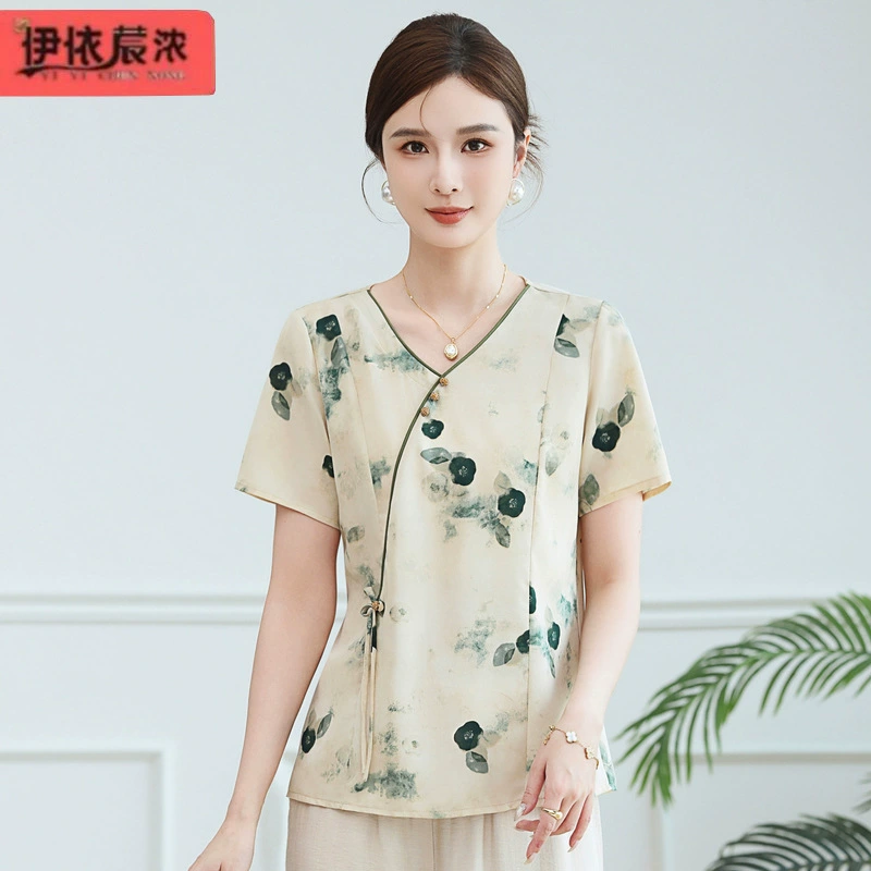 50-летняя мама летняя куртка китайская футболка с короткими рукавами 2024 летняя новая девушка среднего возраста прохладная дышащая рубашка