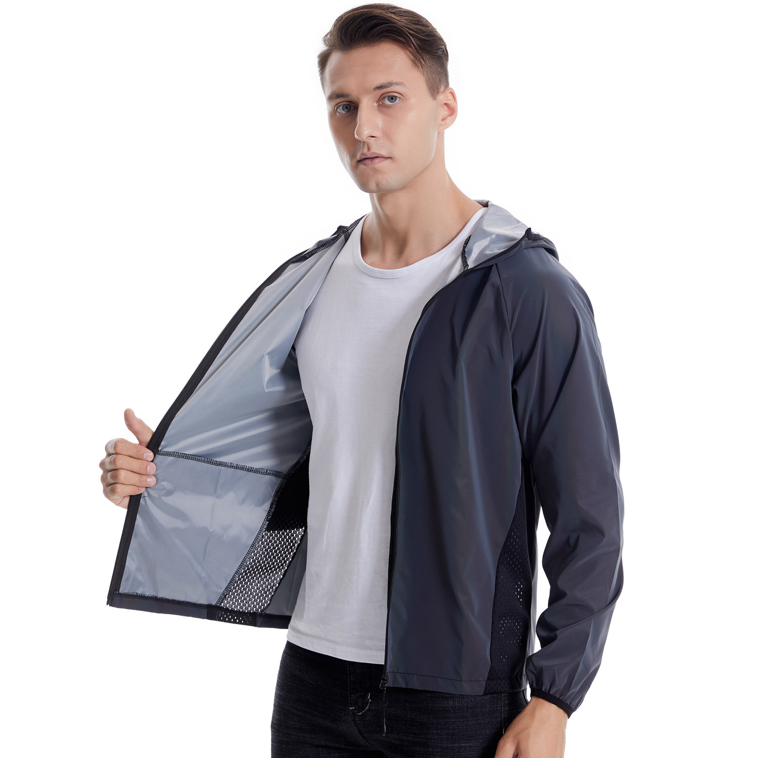 Abbigliamento da uomo, giacca riflettente colorata, sport all'aria aperta, con giunture in rete, giacca con cappuccio traspirante_voghion.com