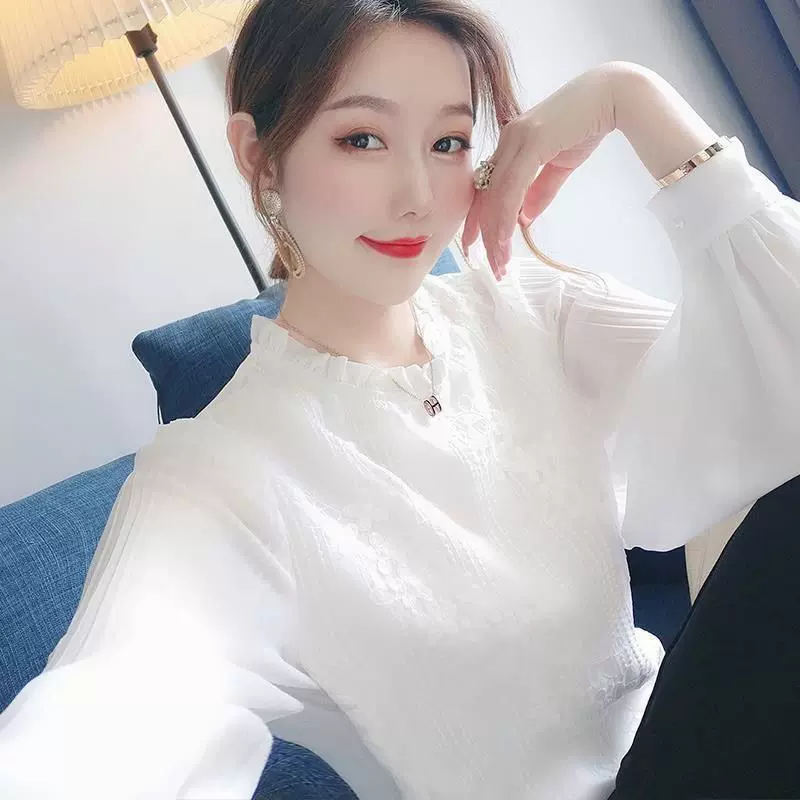 2104雪纺衫女春秋洋气宽松内搭立领衬衫女蕾丝打底衫长袖上衣