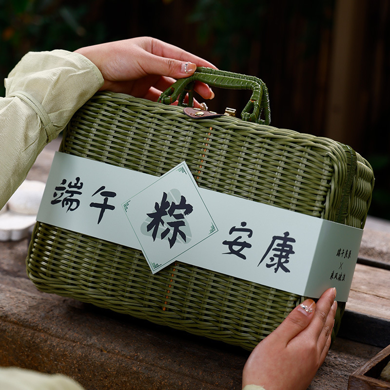 2025绿色手工藤编篮子端午手提礼盒公司团购伴手礼粽子礼品盒空盒