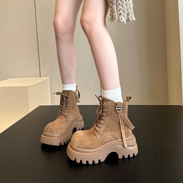 欧货磨砂软皮大头松糕厚底马丁靴女2025新款小个子增高百搭短靴子|undefined