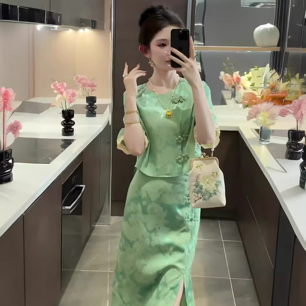 Bộ váy hai mảnh kiểu Trung Quốc mùa hè dành cho nữ, thiết kế sang trọng nhẹ nhàng — Màu xanh lá