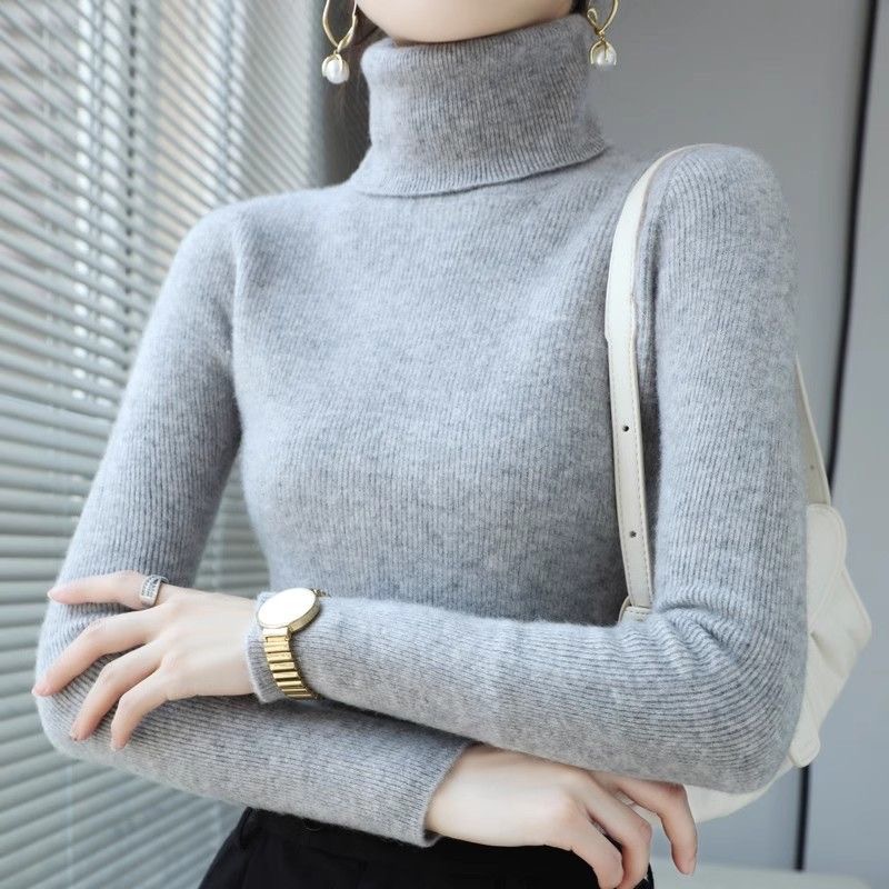 Autumn and Winter New Stylike Turtleneck Sweater Women's Pullover Short Long-Sleeved Slim-Fit Tight Pile Knitted Base Shirt