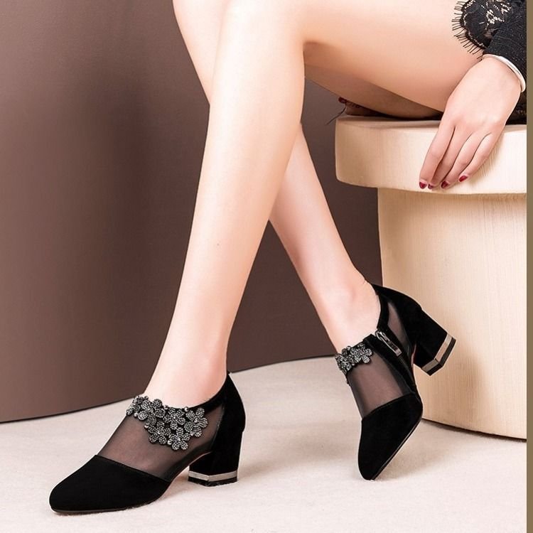 Zapatos de tela de diamante de mujer sandalias de talón hueco para mujeres 2026 nuevas botas de red de moda de verano botas de tacones gruesos para mujeres