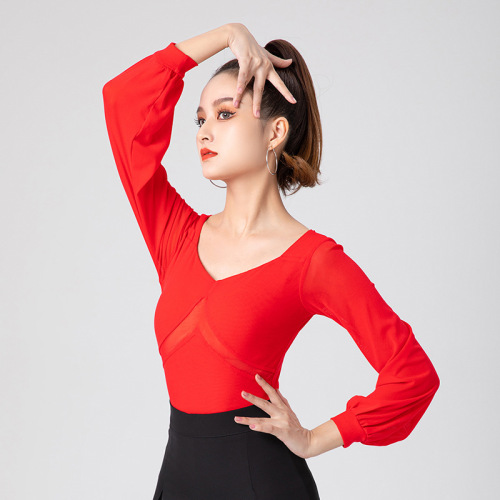 Black red navy royal blue fuchsia ballroom Latin dance bodysuits tops for women young girls long sleeve one-piece  v-neck practice performance clothes leotards