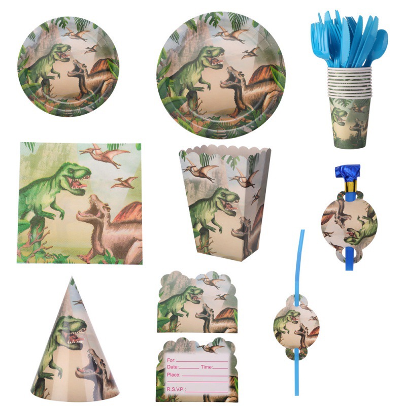 Nuevos dinosaurios T. Rex tema de cumpleaños para niños bandeja de papel bandeja de bandeja de papel toallas de mesa set Amazon en stock