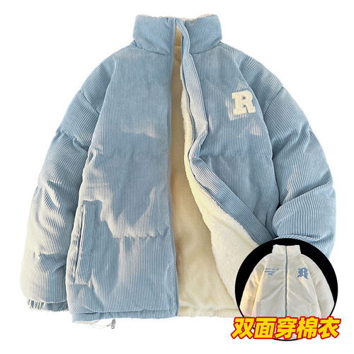 Double-sided sheep's wool cotton coat for men, winter corduroy cotton jacket with extra lining and thickness, sheep's wool warm cotton robe outerwear, trendy