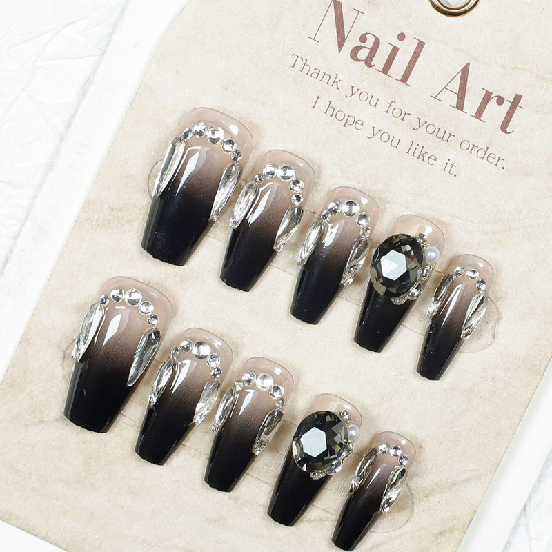 10 piezas de uñas hechas a mano, piezas de uñas terminadas, uñas falsas, uñas largas, chicas calientes dulces, viento fresco, uñas negras