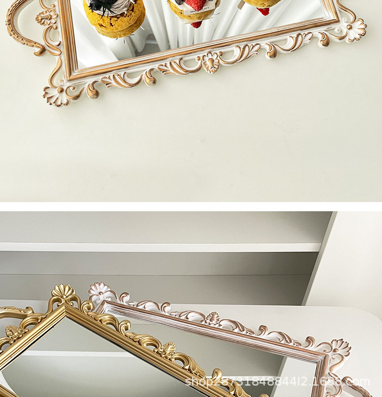 北欧轻奢复古金色收纳托盘方形蛋糕盘玻璃镜面置物盘拍