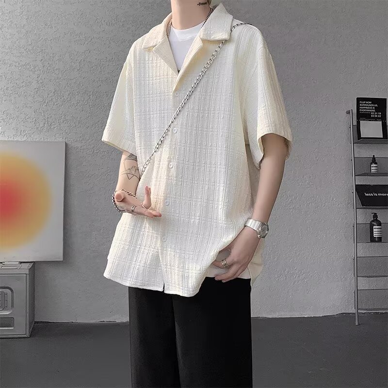Summer Jacquard Ice Silk Heavyweight Cuban Collar Short Sleeve Shirt Men's Fashionable Versatile Clothing_viptrois.com