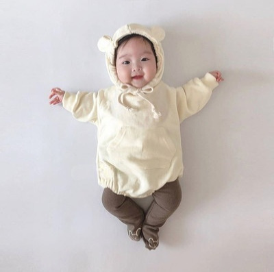 Baby Bear Climbing Suit for Spring and Autumn, Cute for Boys and Girls, Long-Sleeved Hooded Sweatshirt, Potty Suit, One-Piece Romper