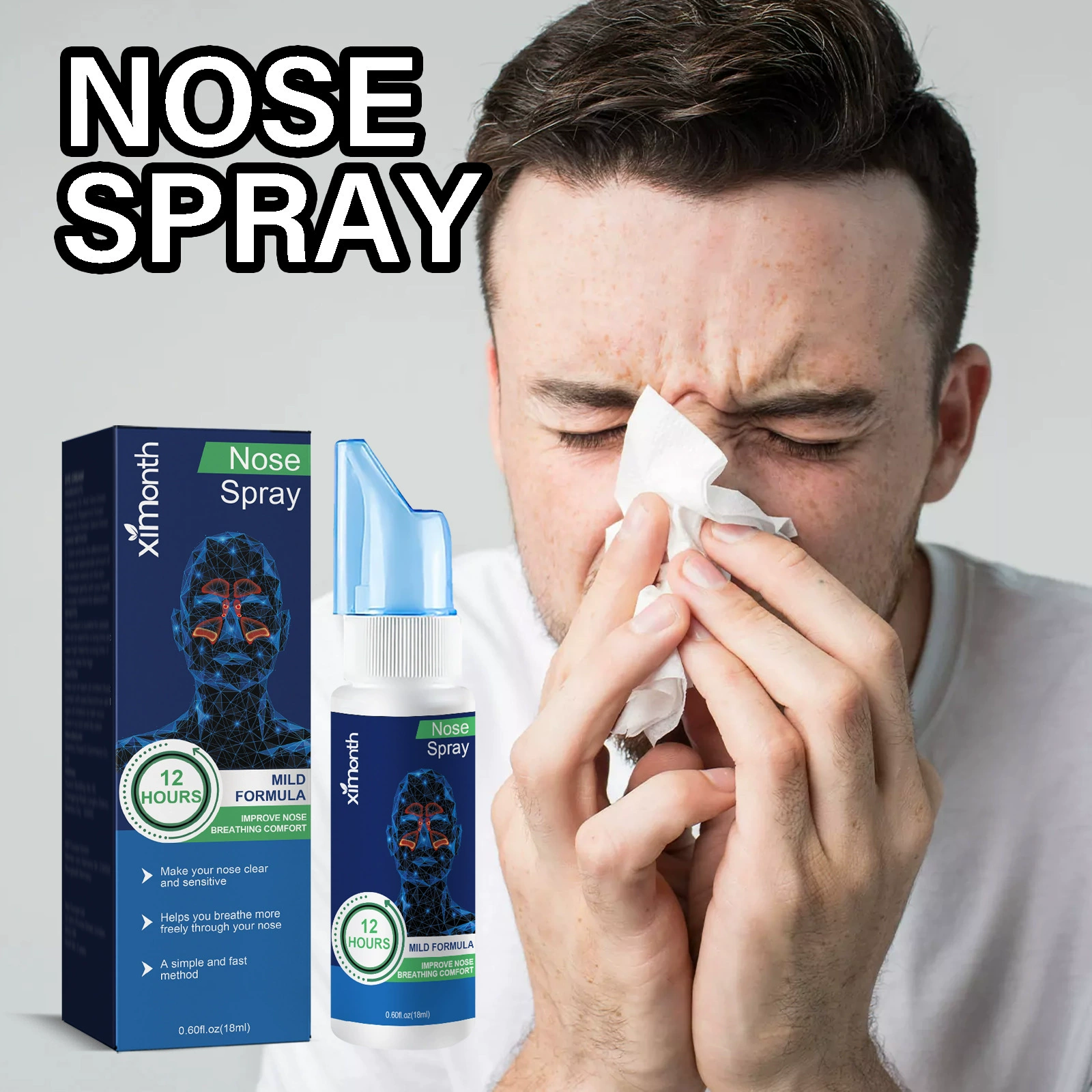 Ximonth Назальный спрей Заложенность носа Назальный очищающий спрей для носа Очищение носа Уход за телом