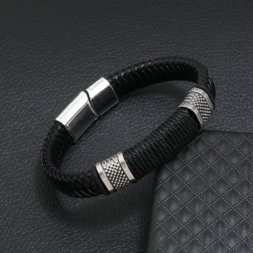 Woven Chain Chain Type Retro Solid Color Pu Leather Alloy Men's Bracelets Men Cord & Leather Bracelets