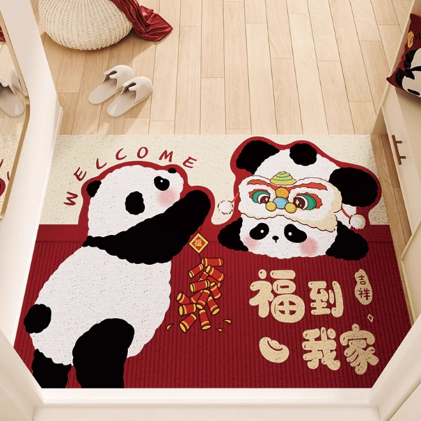 熊猫红色喜庆卡通可爱入户门丝圈地垫 防滑耐脏耐磨易打理可代发