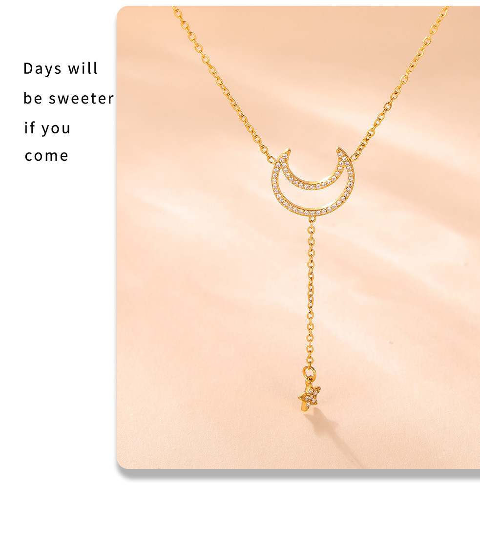 Square Sugar Starry Moon Set With Zircon Tassel Double Layered Clavicle Necklace, Feminine Style Bracelet, Titanium Steel Minimalist Set_voghion.com
