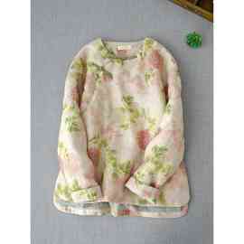 冬季美貌印花小袄中式复古斜襟夹棉外套圆领盘扣夹棉短款上衣