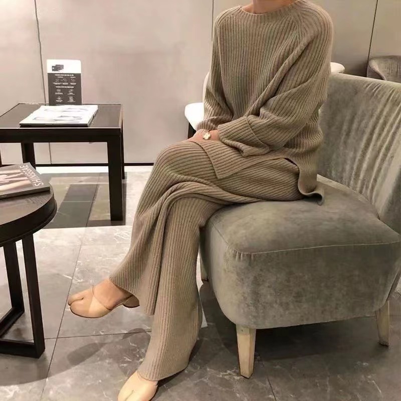 ソリッドカラースプリットセーターワイドレッグパンツツーピースセット女性のための 2025 春の新ファッションルーズ春と秋のニットスーツ|undefined