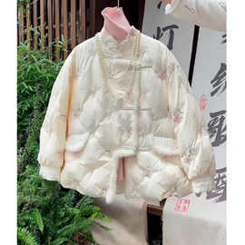 外套新中式气质小香风2023盘扣新款秋冬羽绒服绣花fufu国风白色奶
