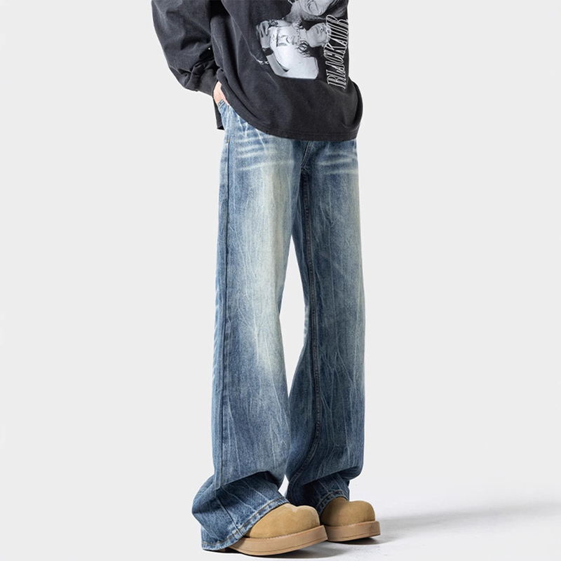 High Street Washed Lightning Pattern Jeans Men's Spring American Style Old-fashioned plus size Wide Leg Pants Design Sense Straight Pants