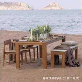 老榆木沙滩桌长方形民宿酒店户外长条桌实木门板桌喝茶桌圆形餐桌